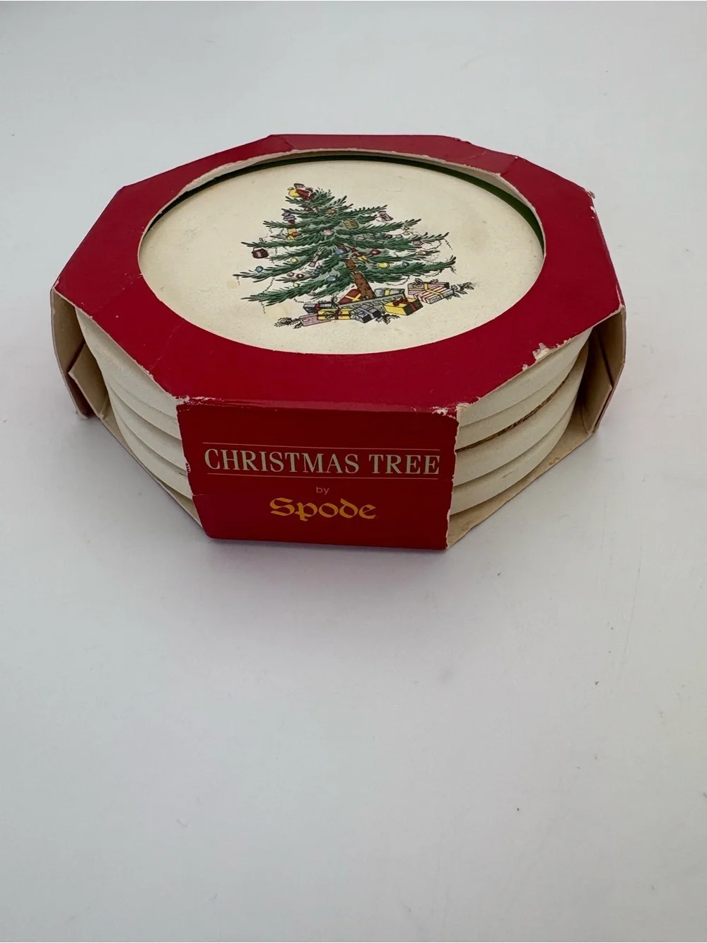 Vintage Spode Red and Green Christmas Tree Decorative Ceramic Coasters - Four